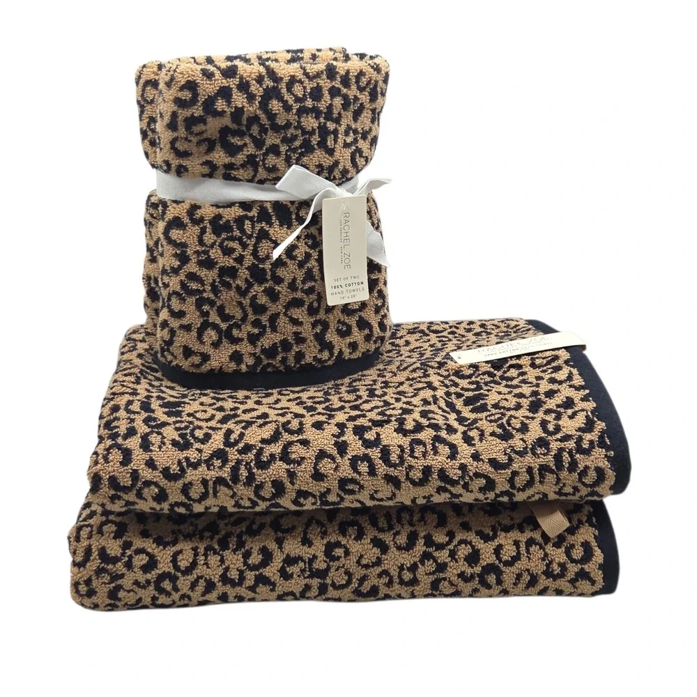 Rachel Zoe 4pc Leopard Cheetah Print Cotton Towel Set 2 Bath 2 Hand Black Tan